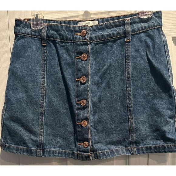 Forever 21 Los Angeles‎ Blue Denim Jeans Skirt size 28, Metal Buttons up front - Picture 1 of 4